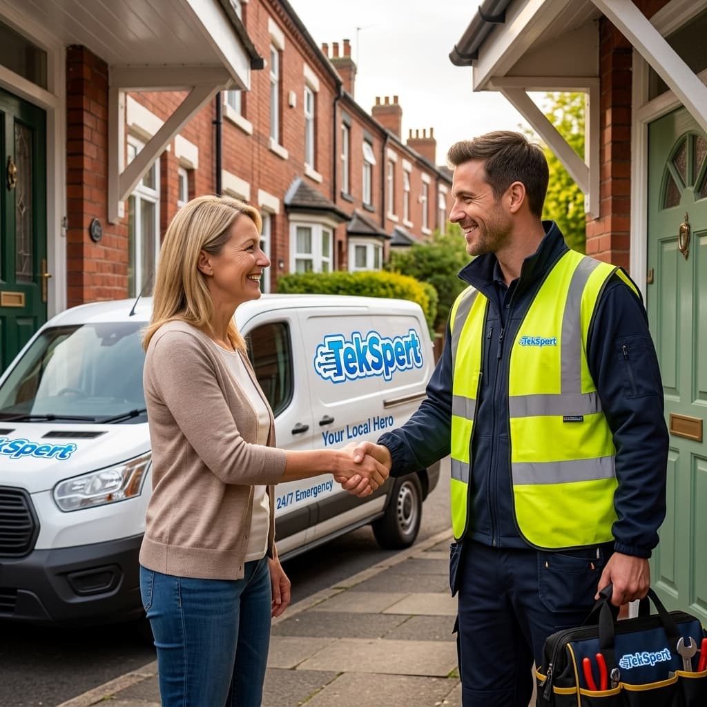 Friendly local electrician greeting a customer